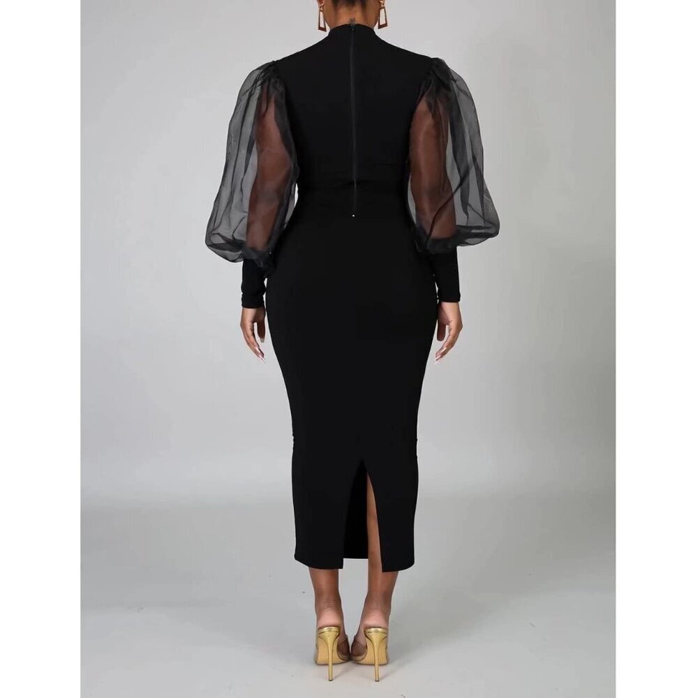 Women's Puff Sleeve Midi Dress Polyester Long Sleeve Office Party Work - Picture 5 of 5